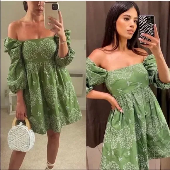 Zara Openwork Eyelet Embroidered Dress in Green Size M - Picture 3 of 15